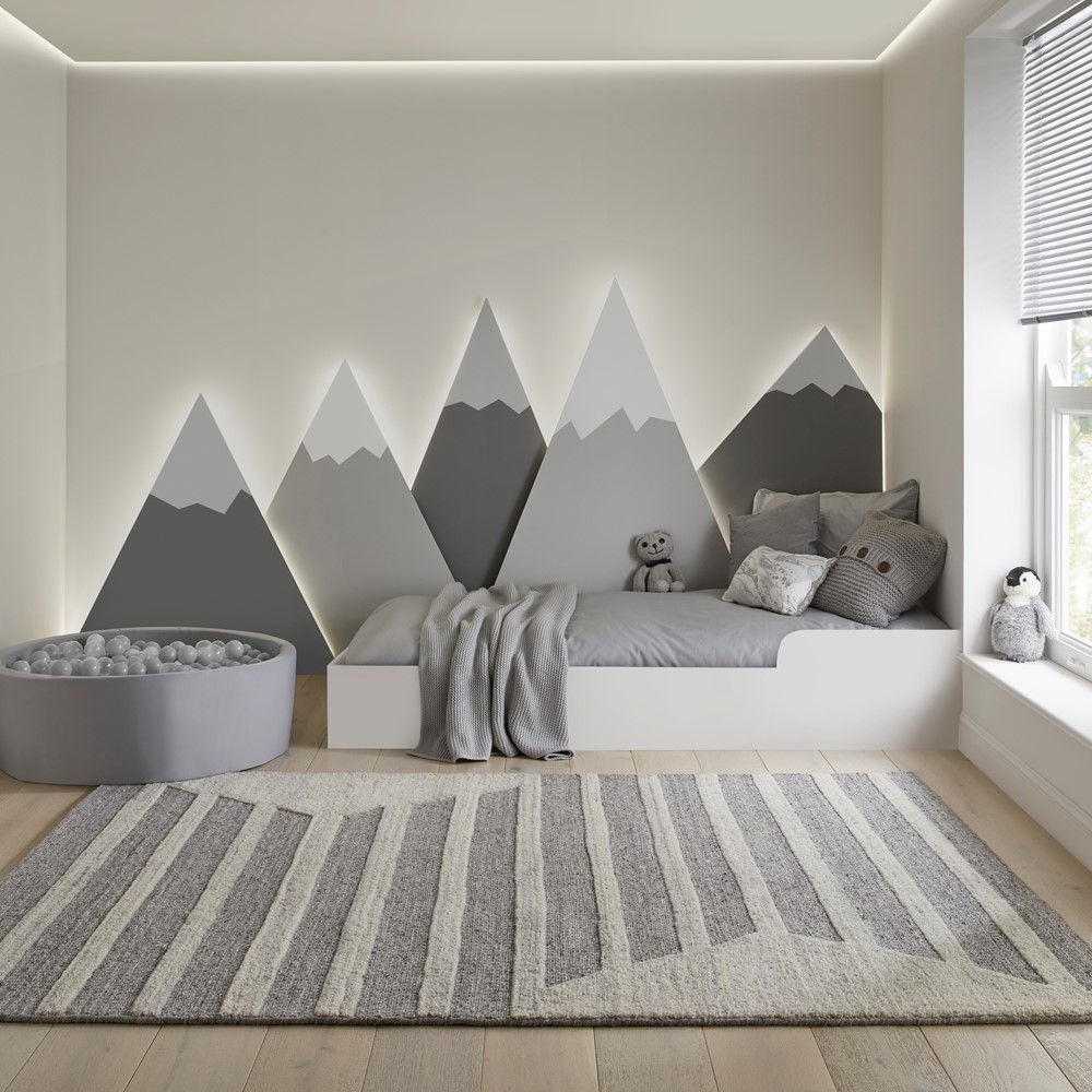 Stellar Ladder Geometric Wool Textured Rugs in Natural Grey